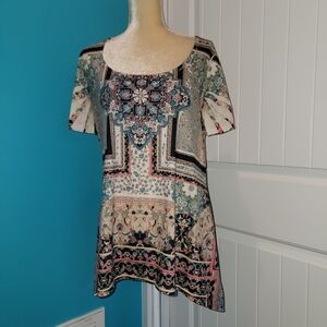 One World Live Let Live Tunic Top embellished Blouse XL Tropical Mom Boho